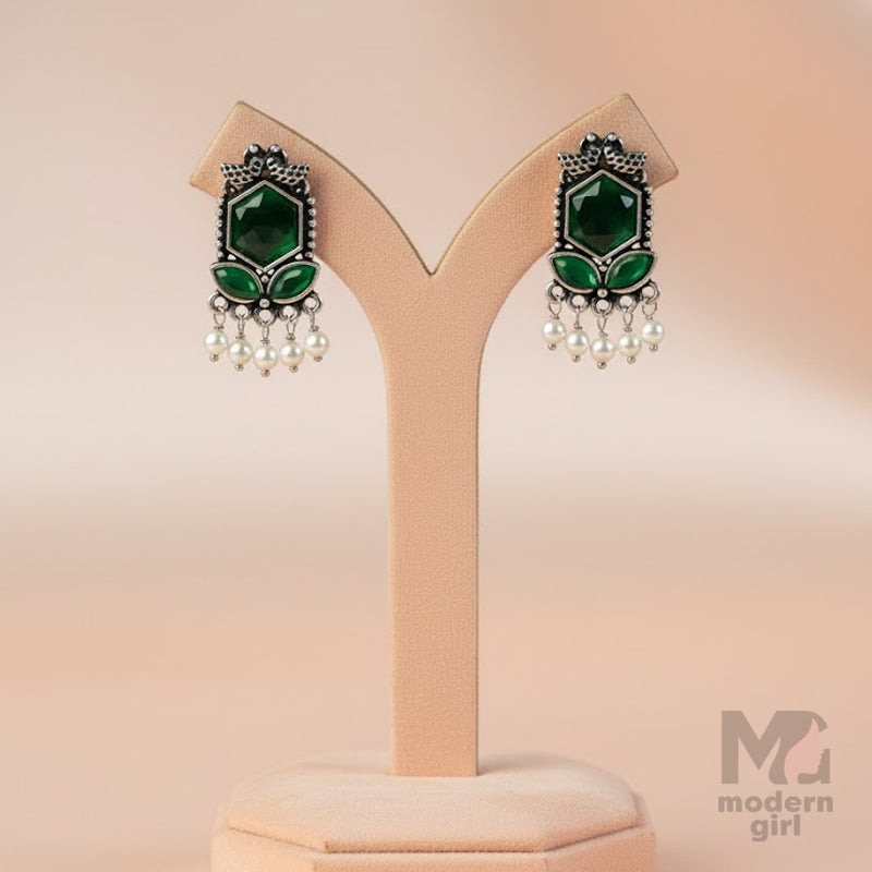 Stone & Pearl Dangler Silver Earrings