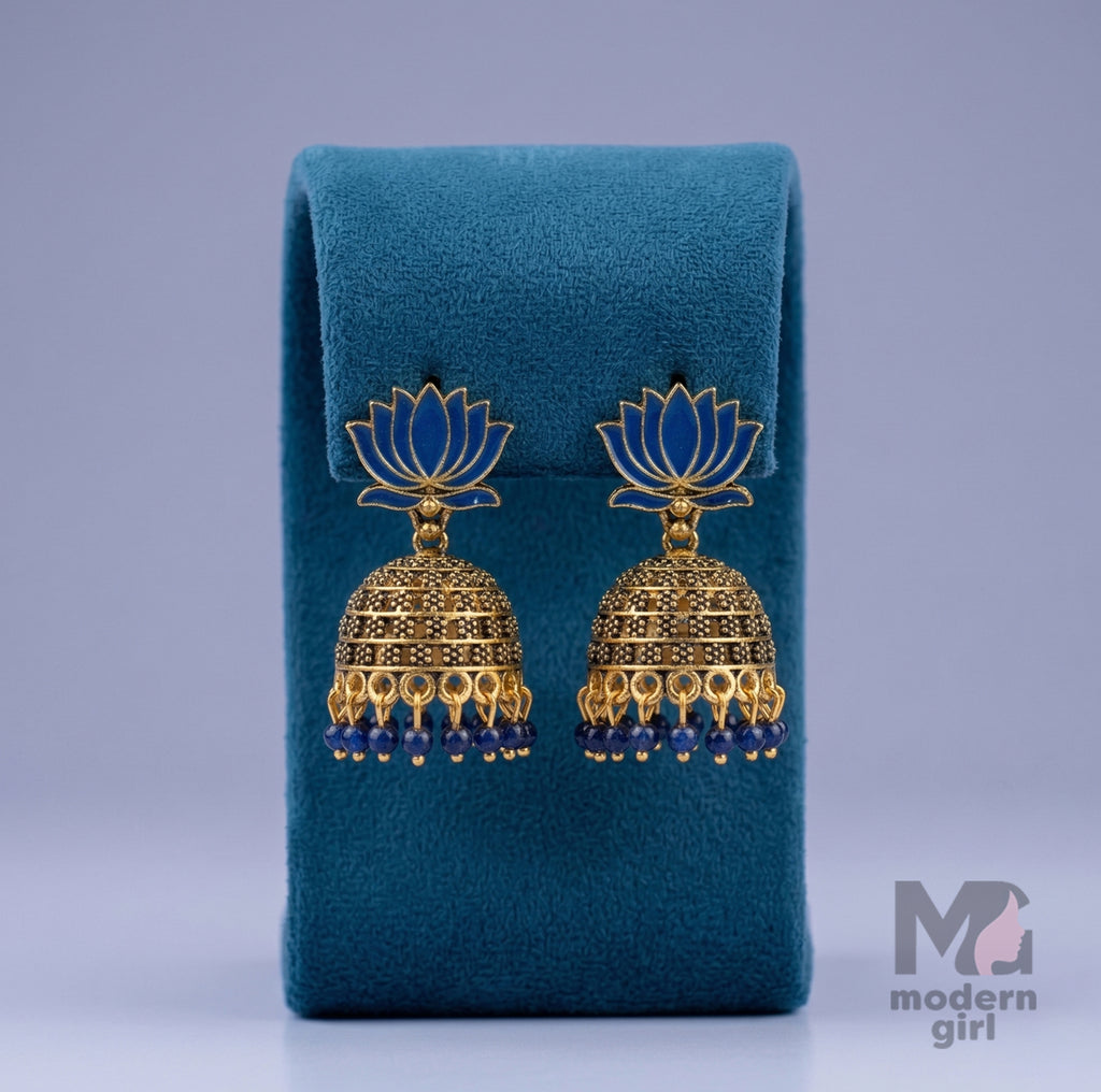 Lotus Design Temple Jhumka Earrings with Beaded Drops