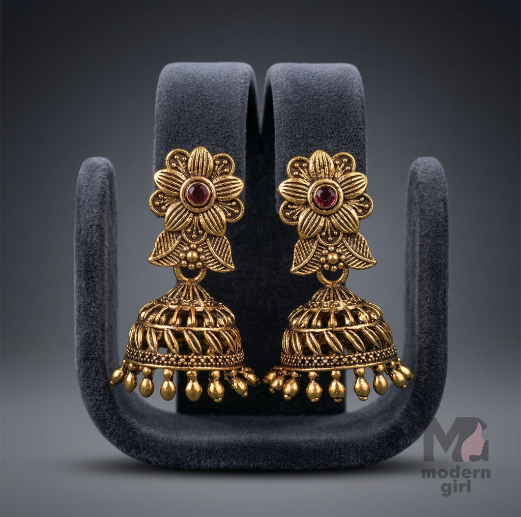 Traditional Gold Jhumka Earrings with Floral Design