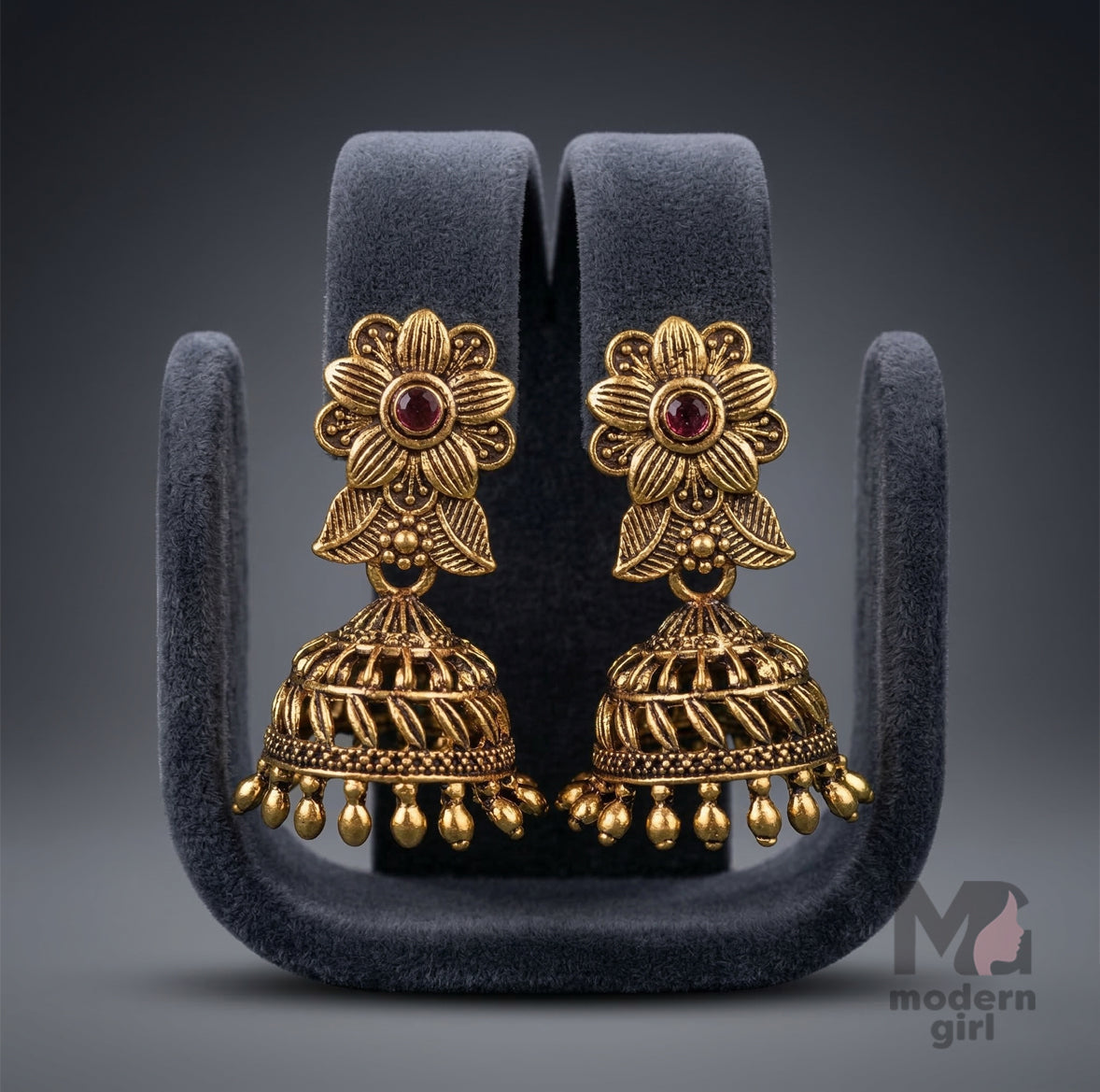 Traditional Gold Jhumka Earrings with Floral Design