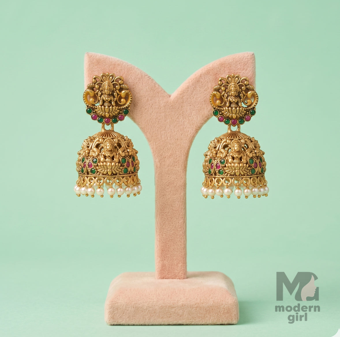 Temple Pearl Jhumka Earrings – Antique Gold Lakshmi Ethnic Design