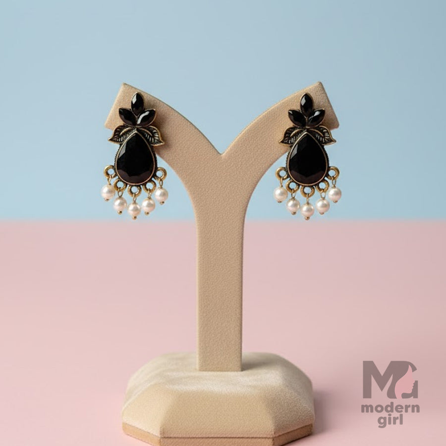 Black Onyx Pearl Drop Stud Earrings – German Silver (Antique Finish)