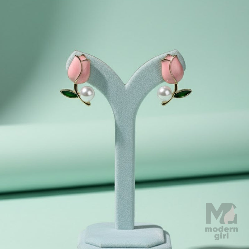 Pink Rose Stud Earrings with Pearl Drop