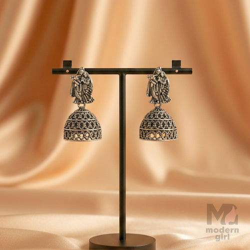 Krishna & Radha Flute Jhumka Earrings – Antique Oxidised Silver