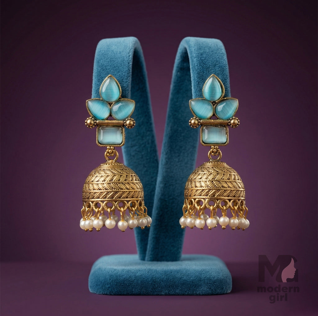 Premium Floral Stone Temple Jhumka Earrings with Pearl Drops