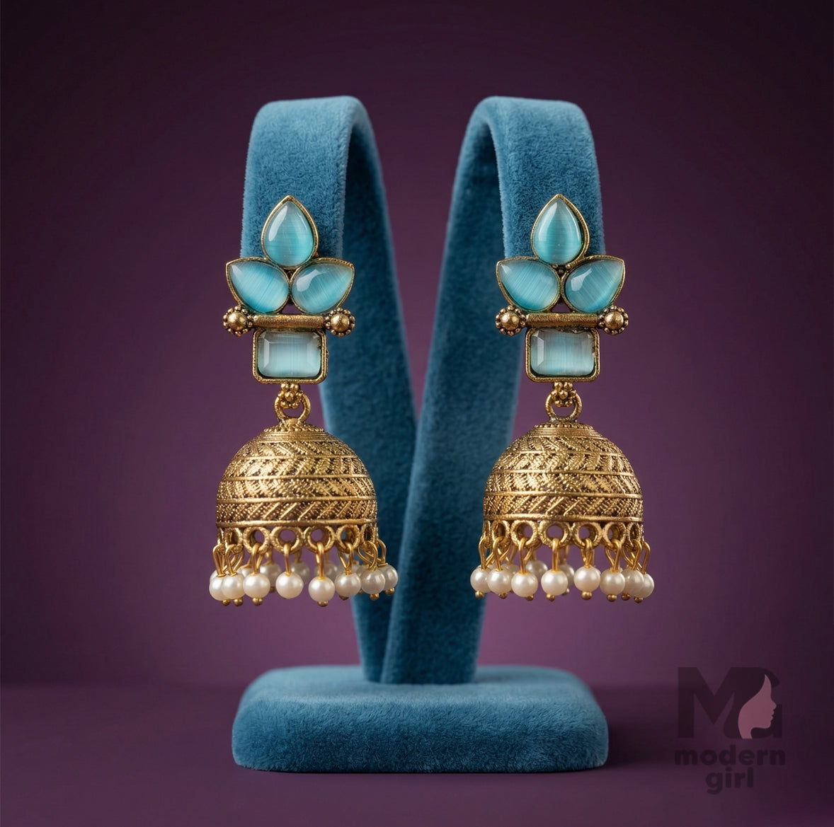 Premium Floral Stone Temple Jhumka Earrings with Pearl Drops