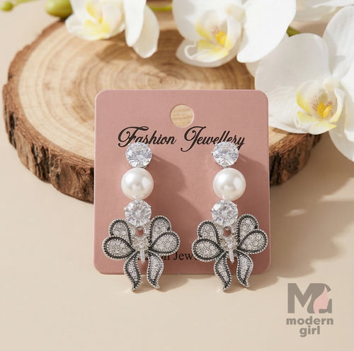 Elegant Silver Floral Pearl & Crystal Drop Earrings