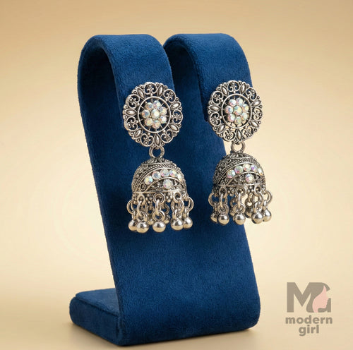 Oxidised Silver Stone Jhumka Earrings