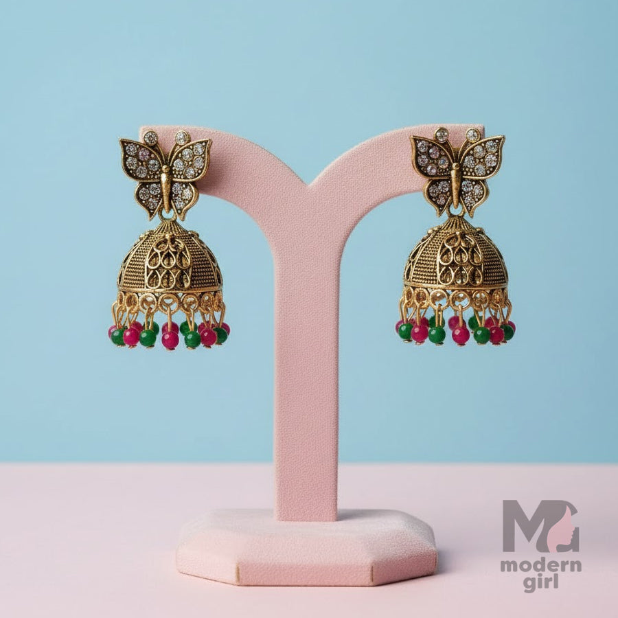 Butterfly Stone  Jhumka – Antique Gold Finish with Red & Green Beads