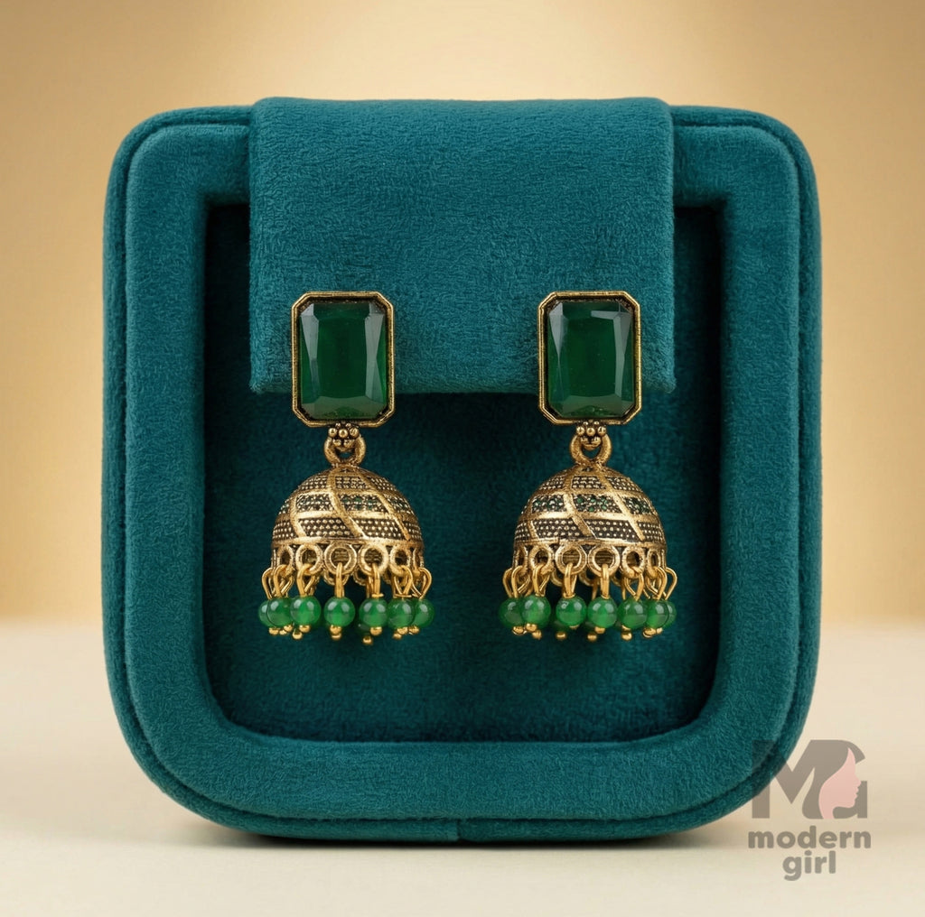 Geometric Stone Jhumka Earrings with Beaded Drops | Antique Ethnic Jewelry for Women
