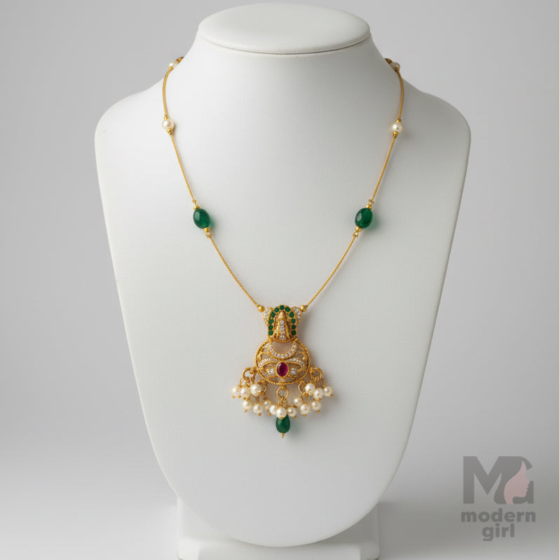 Invisible Chain Temple Necklace with Green Beads & Pearls