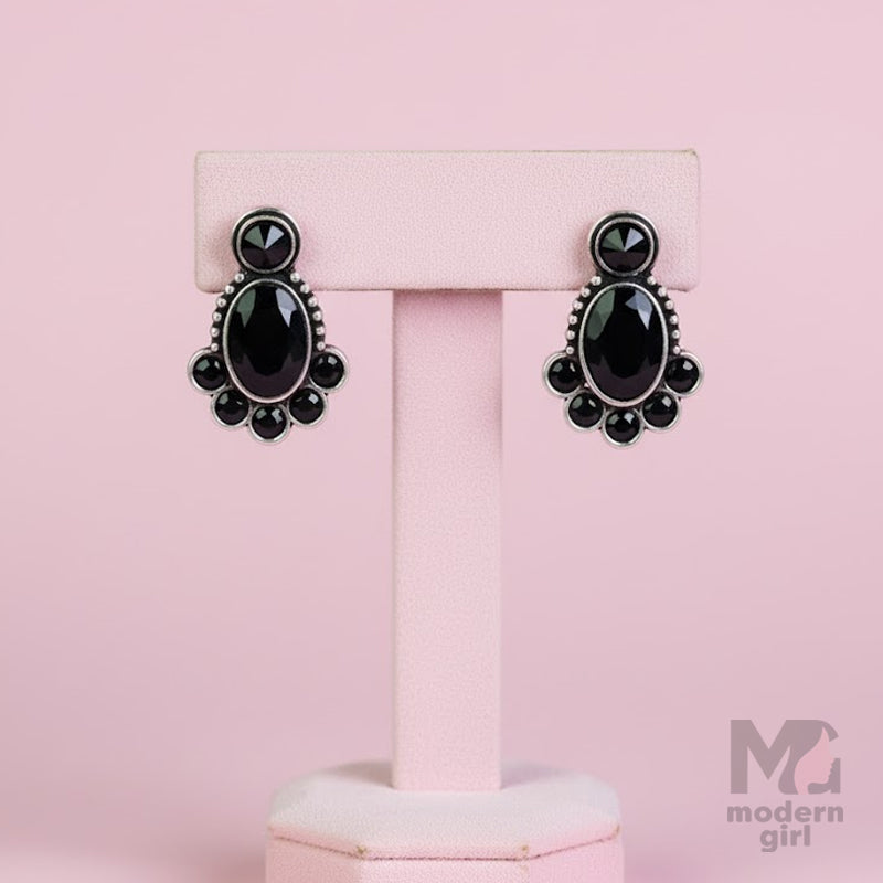 Black Stone German Silver Stud Earrings