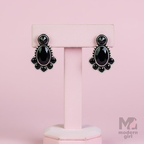 Black Stone German Silver Stud Earrings