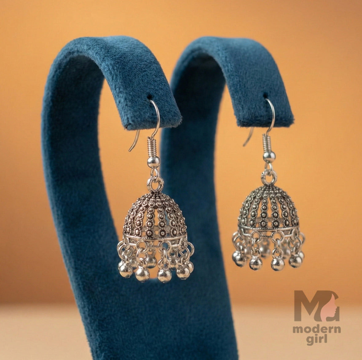 Oxidised Silver Hook Jhumka Earrings with Dangling Beads for Women