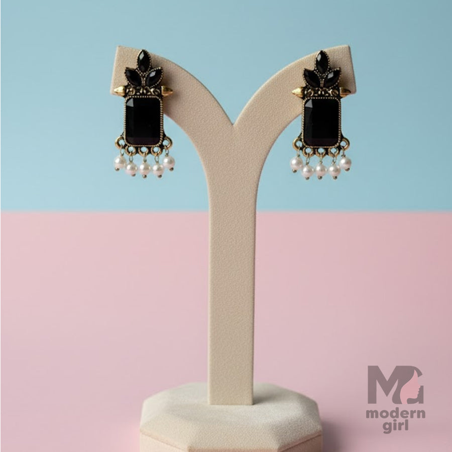 Classic Pearl Drop Stud Earrings – German Silver (Antique Finish)