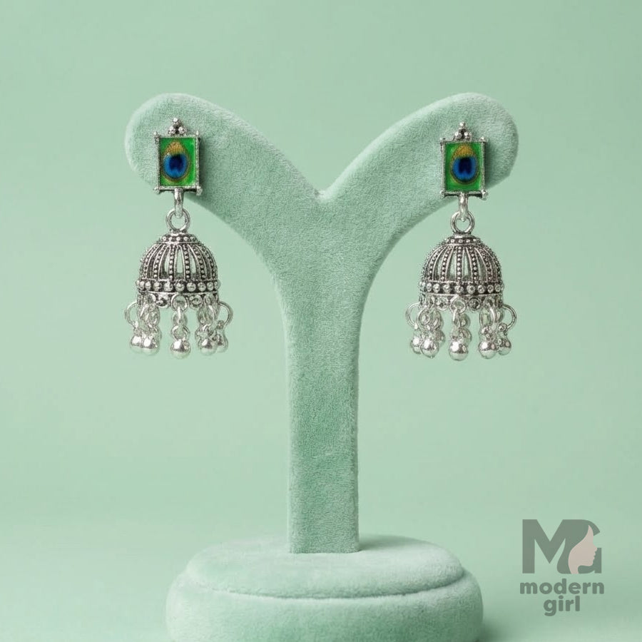 Peacock Feather Square Stud Jhumka Earrings – Silver Tone