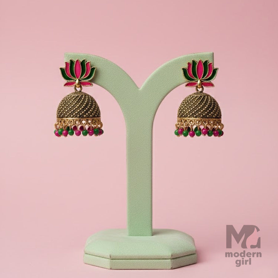 Lotus Top Antique Jhumka Earrings