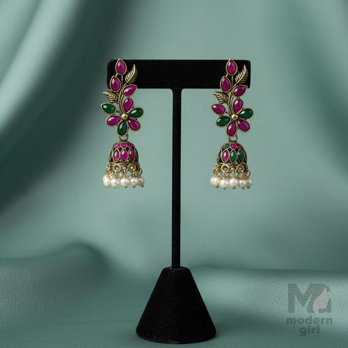 Floral Ruby & Emerald Pearls Jhumka Earring