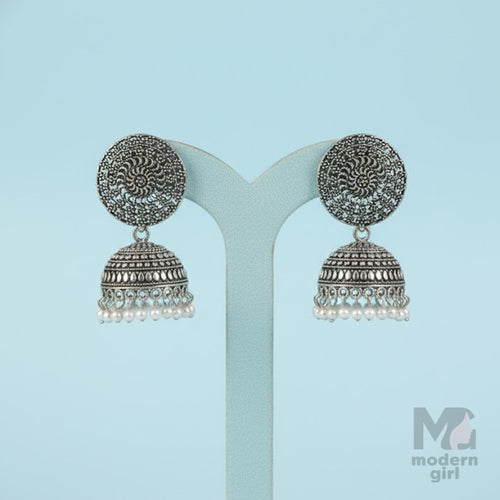 German Silver Sun Motif Jhumka Earrings with Pearl Drops