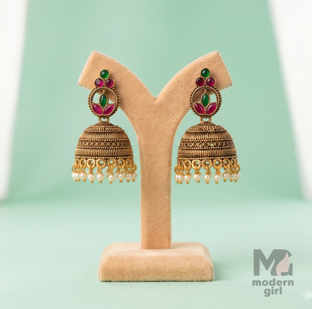 Royal Emerald Ruby Jhumka Earrings – Antique Gold Pearl Ethnic Design