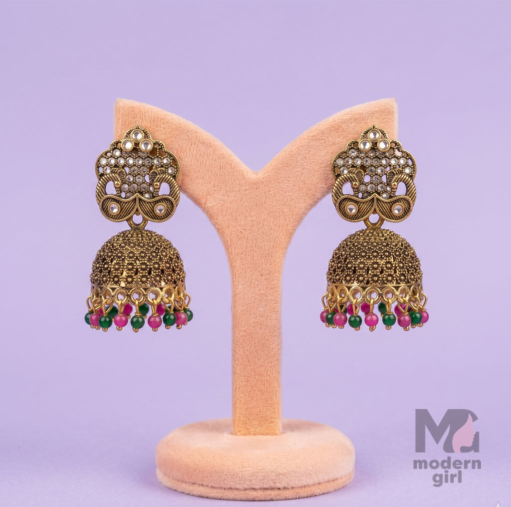 Royal Pearl Antique Jhumka Earrings – Ethnic Gold Bead Design