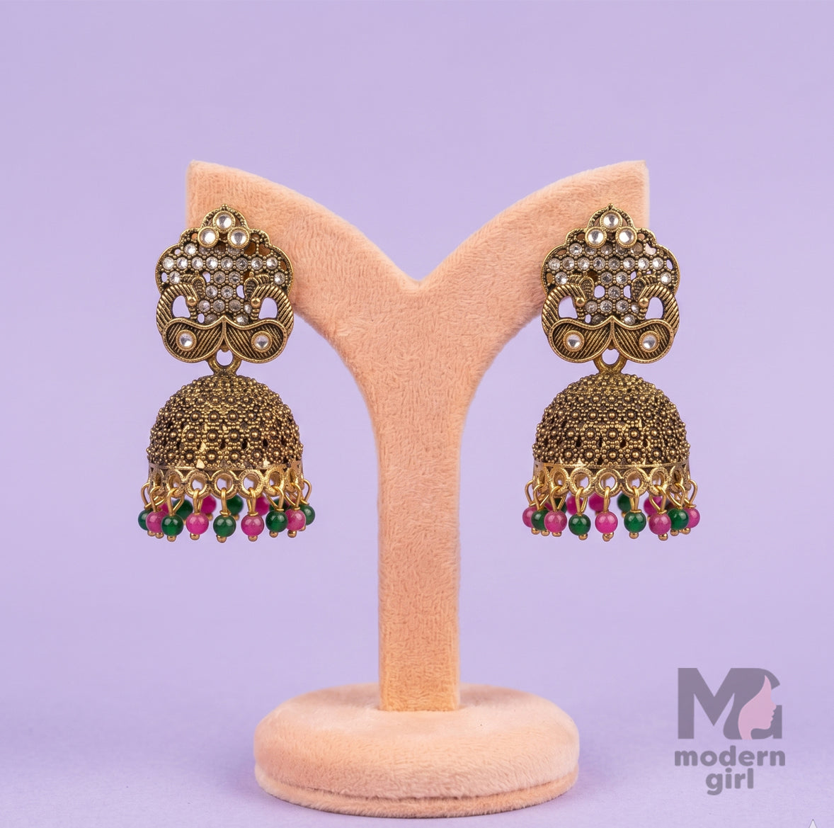 Royal Pearl Antique Jhumka Earrings – Ethnic Gold Bead Design