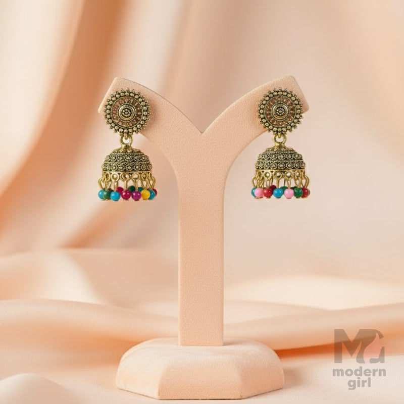 Antique Gold-Plated Jhumka Multicolor