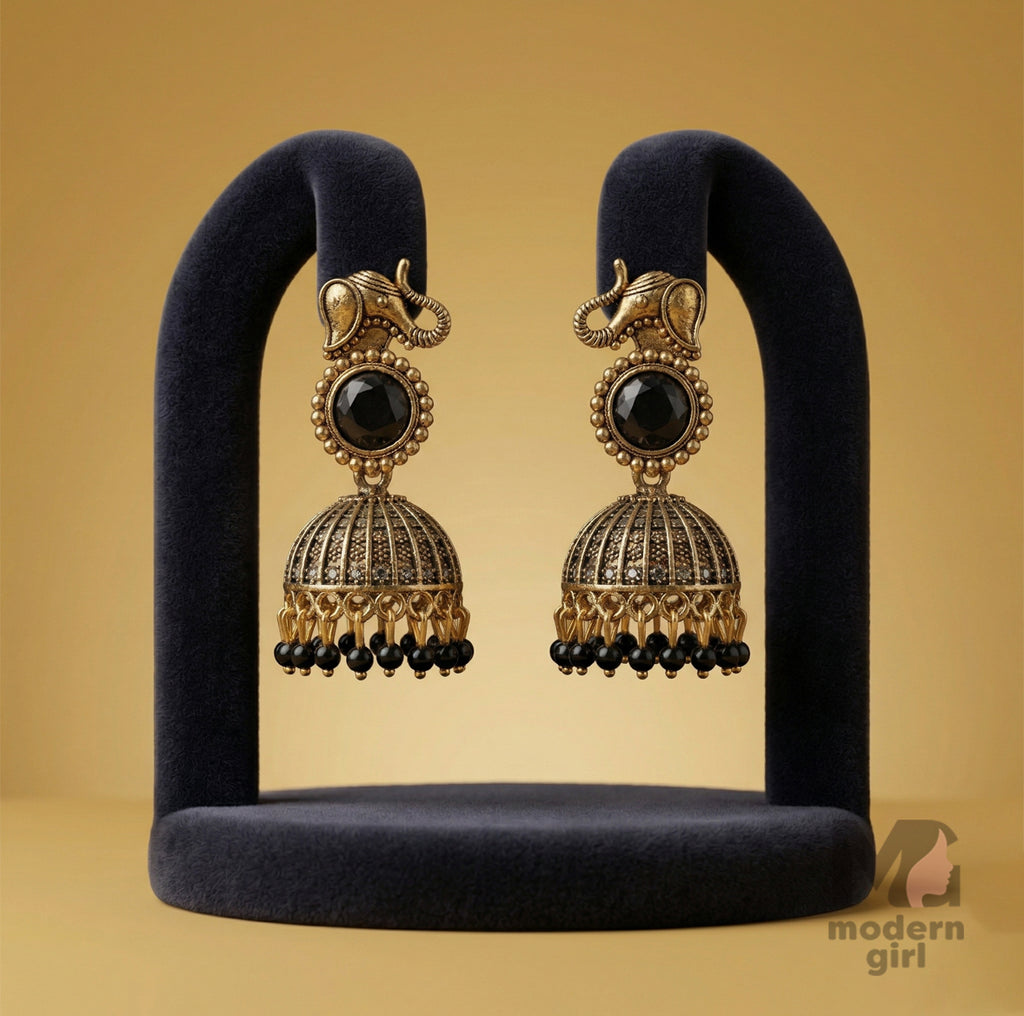 Elephant Motif Temple Jhumka Earrings with Stone & Beaded Drops