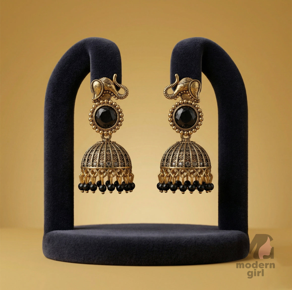 Elephant Motif Temple Jhumka Earrings with Stone & Beaded Drops