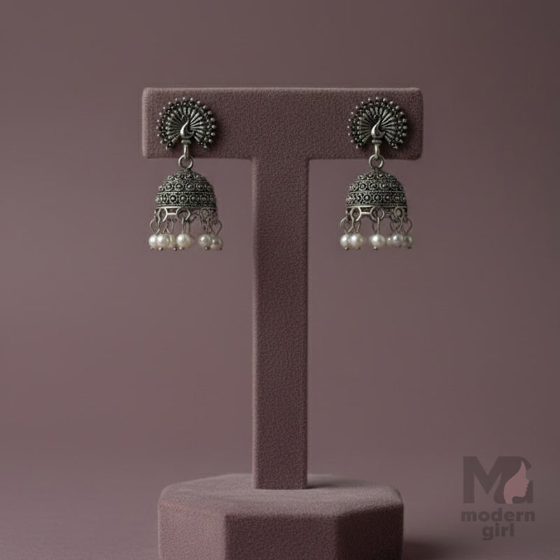 Oxidised Peacock Jhumka with Pearl Drops