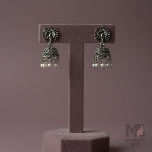 Oxidised Peacock Jhumka with Pearl Drops
