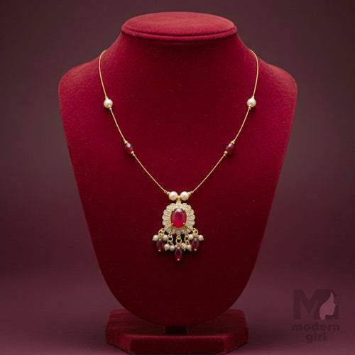 Invisible Chain Necklace with Ruby Stone & Pearl Drops