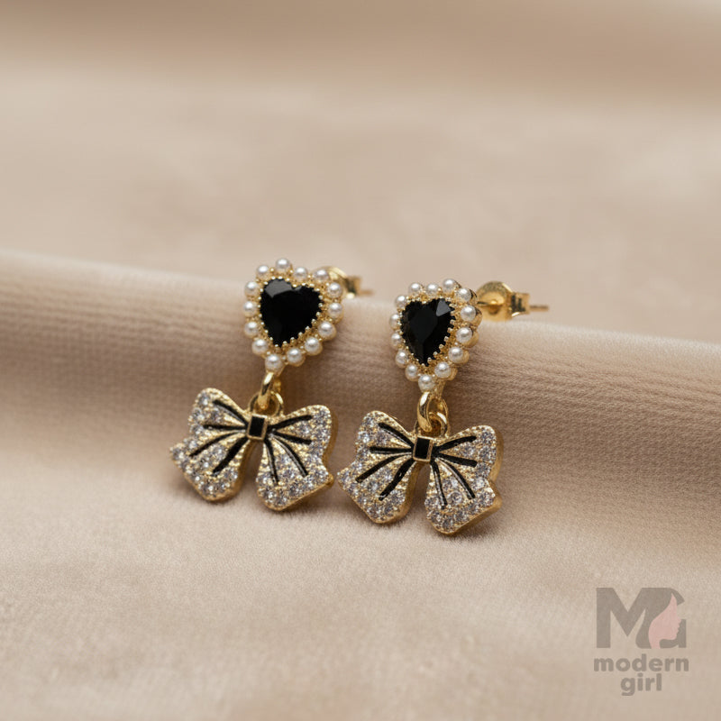 Black Heart & Bow Drop Earrings with Pearl and Crystal Detailing – Elegant Party Wear Jewelry