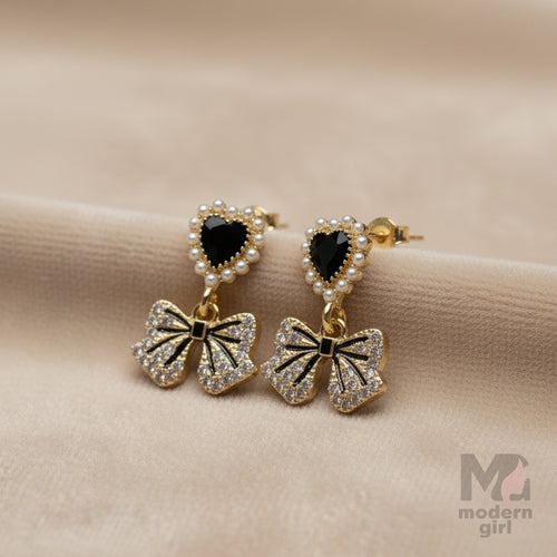 Black Heart & Bow Drop Earrings with Pearl and Crystal Detailing – Elegant Party Wear Jewelry