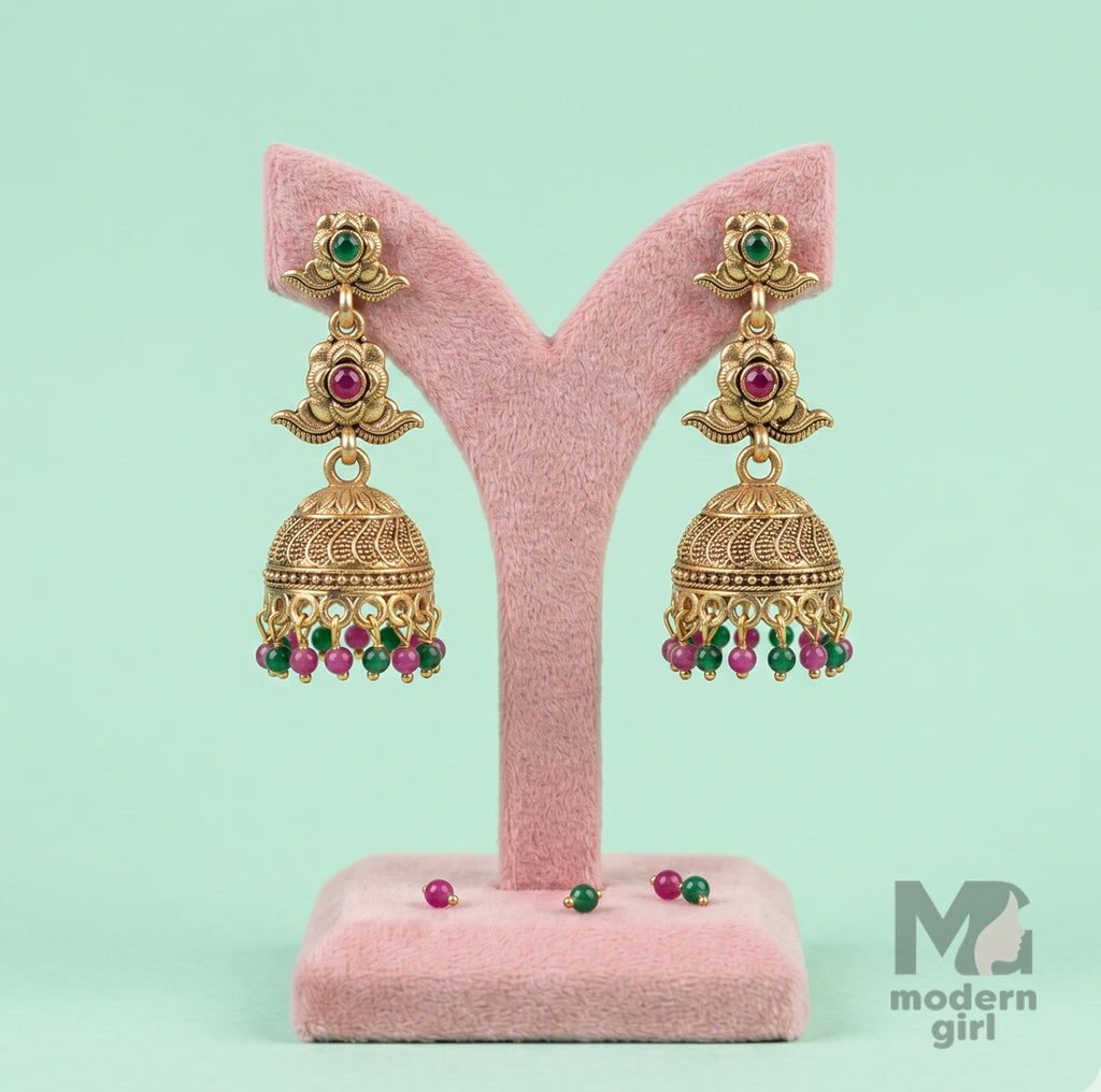 Floral Pearl Antique Jhumka Earrings – Traditional Gold Ethnic Design