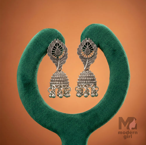 Oxidised Silver Leaf Jhumka Earrings