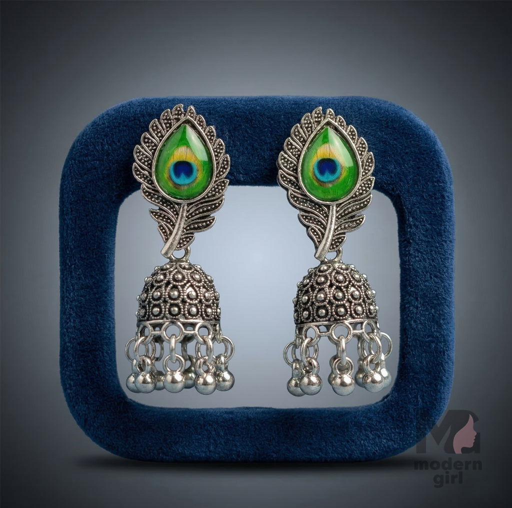 Peacock Feather Silver Jhumka Earrings | Oxidised Traditional Ethnic Jewelry for Women