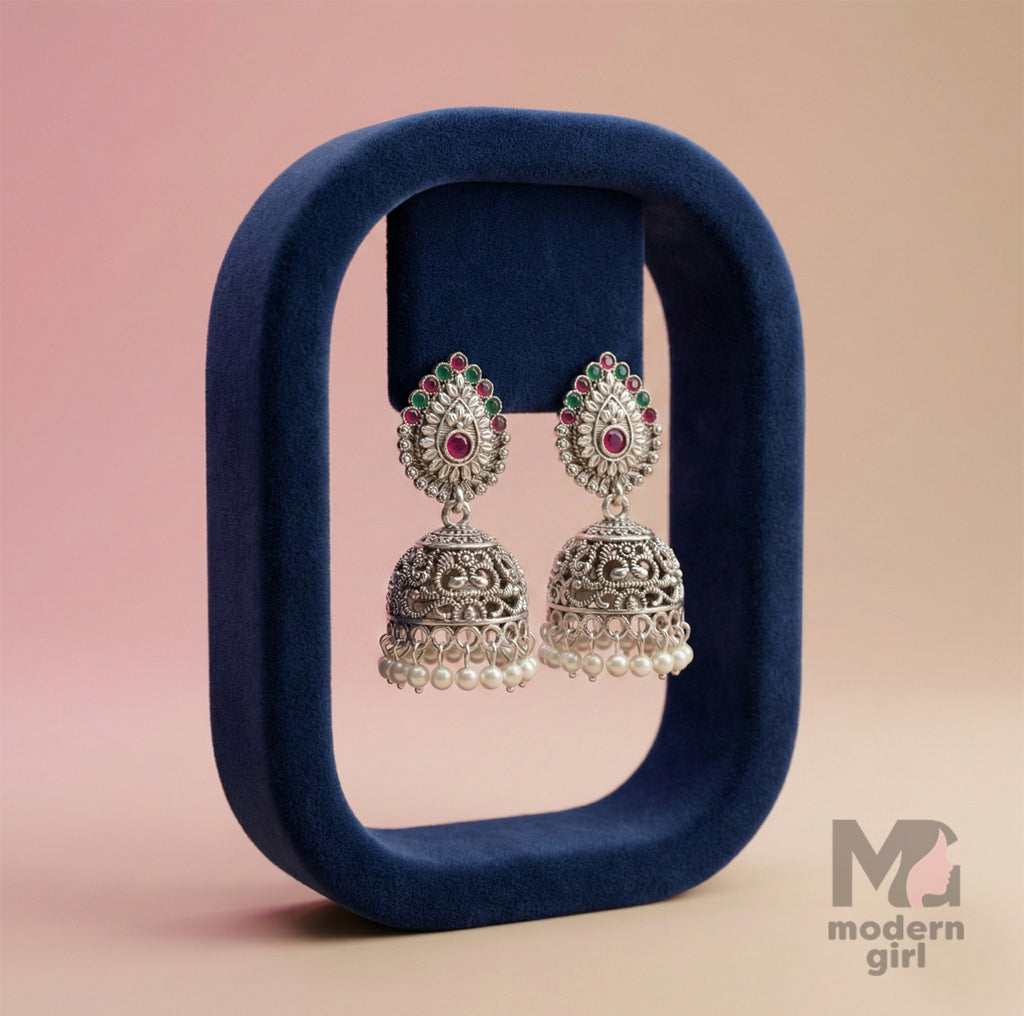 Oxidised Silver Jhumka Earrings with Red & Green Stones