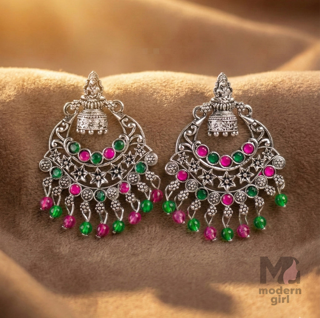 Lakshmi Design Temple Chandbali Earrings with Green & Pink Stones
