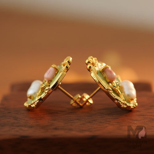 Vintage Rose & Pearl Enamel Earrings – Elegant Floral Studs for Women