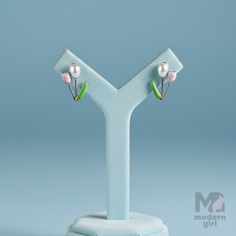 Tulip Pearl Enamel Stud Earrings