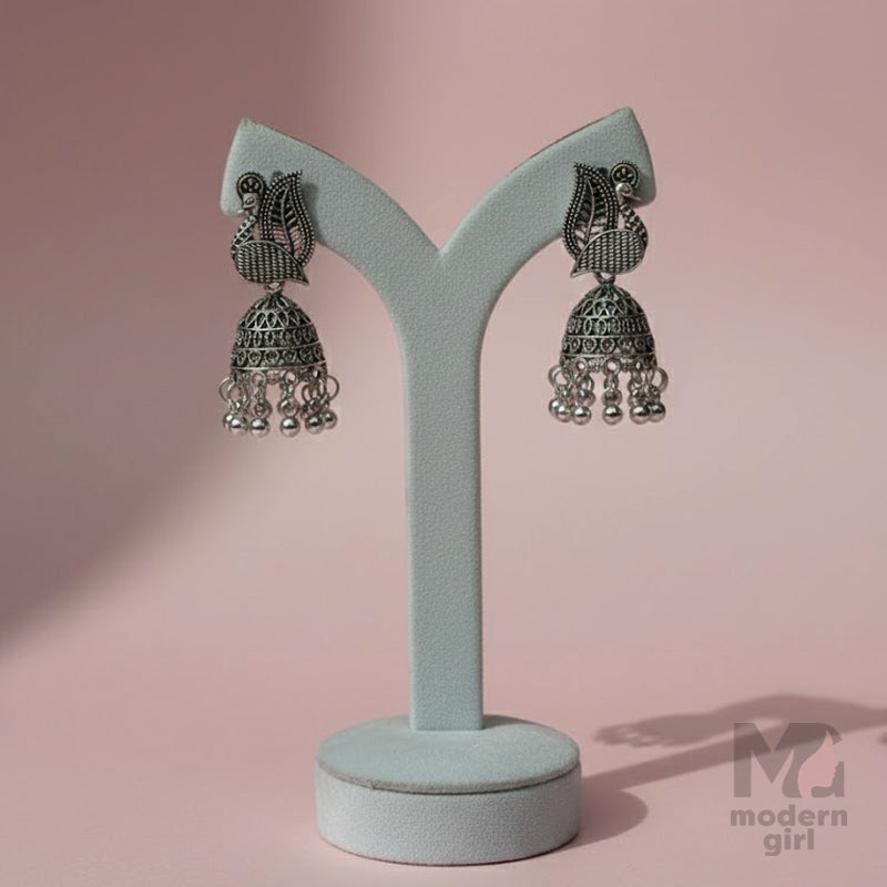 Oxidized Silver Peacock Motif Jhumka