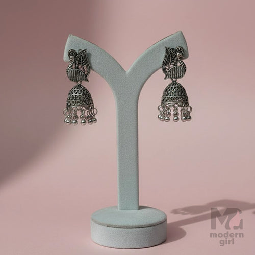 Oxidized Silver Peacock Motif Jhumka