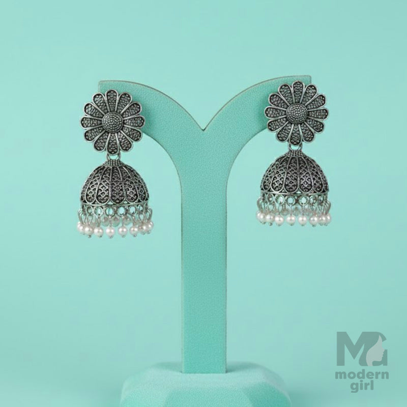 Silver Floral Jhumka Earrings with Pearl Drops