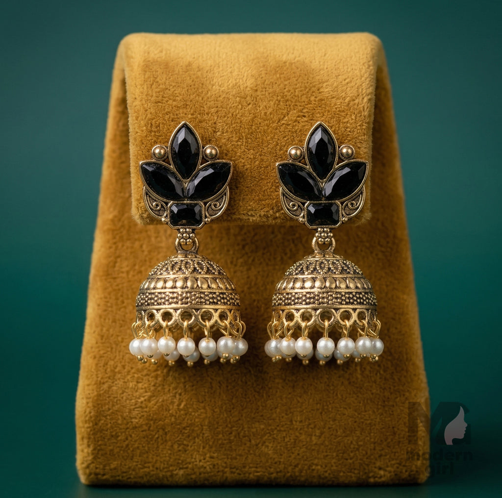 Premium Floral Stone Jhumka Earrings with Pearl Drops