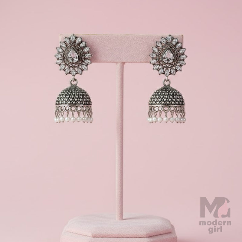 German Silver Stone-Studded Floral Jhumka Earrings with Pearl Drops