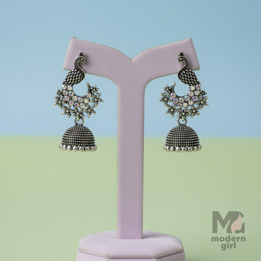 Oxidised Peacock Floral Jhumka Earrings