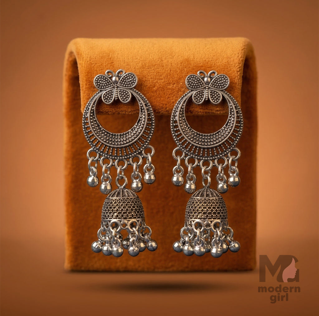 Floral Hoop Oxidized Silver Jhumka Earrings for Women