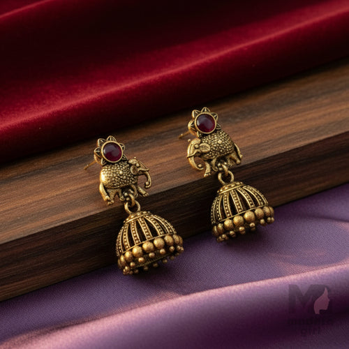 Antique Gold Elephant Motif Jhumka Earrings with Stone