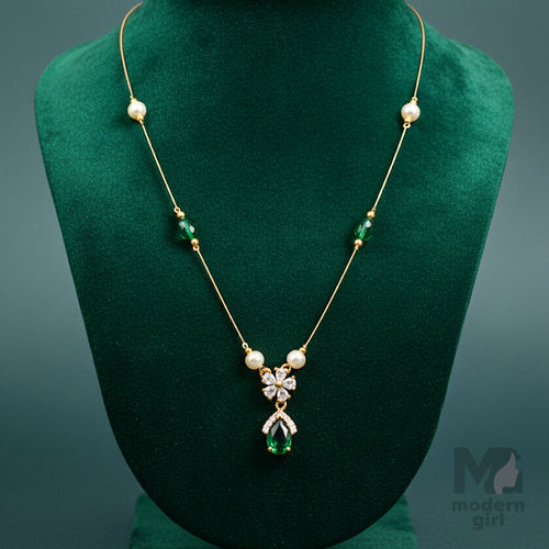 Invisible Chain Necklace with Green Stone & Pearls